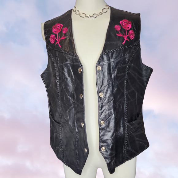 Black Diamond Plate Biker Leather Patchwork Motorcycle Western Red Rose Vest L - Picture 3 of 6